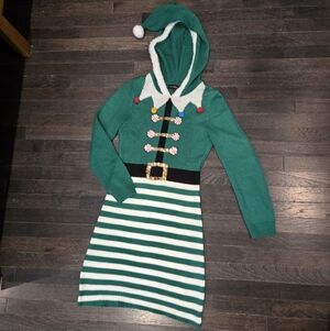 Ugly Xmas Sweater Dress, Elf Costume - Green, White Stripes - Women's SZ Medium